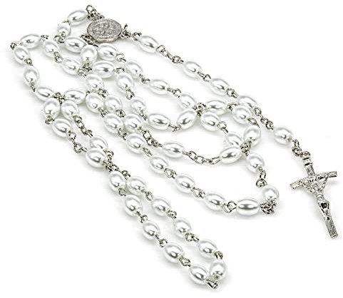 Kette Halskette Perlen Kette Kreuz 6mm x 8mm Weiße Länge ca. 90cm Perlen Perlenhalskette Rosenkranz Damen Herren