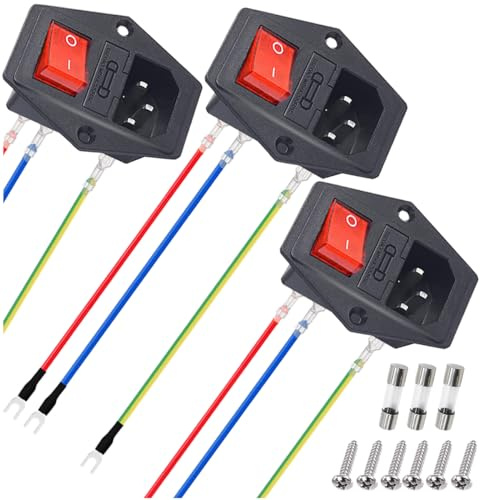 MKBKLLJY 3 Stück AC 10 A 250 V Wippschalter, Steckdose, Einlassmodulstecker, 3-poliger IEC320 C14-Stecker mit 6 Befestigungsschrauben, 9 Stück 18 AWG Verlängerungskabel, 3 Stück Sicherung