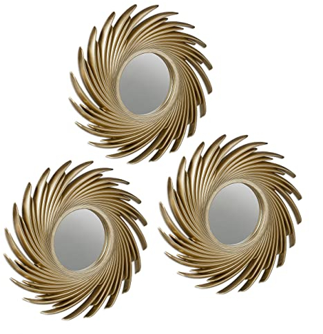 Relaxdays Spiegel 3er Set, runder Sonnenspiegel, Wohnzimmer, Flur, Dekospiegel, Ø je 25 cm, Kunststoff-Rahmen, Gold