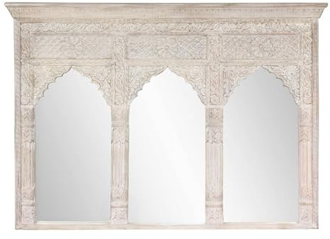 Oriental Galerie Wandspiegel Triptychon Spiegel mit Rahmen Holzrahmen großer Holz-Spiegel Whitewash Indien ca. 140 cm
