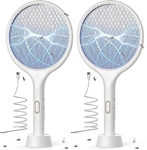 YISSVIC Racchetta Zanzare Elettrica X2, 4000V 1500mAh con USB Ricaricabile e LED 2 in 1, Protezione Maglia a 3 Strati Adatto per Casa Giardino Campeggio Interni ed Esterni, Bianco