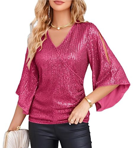Haut Élégant à Paillettes pour Fête, Soirée Tunique Ajustée à Sequins Brillants pour Femme Top Pailletté à Manches 3/4 Col en V XL Rose