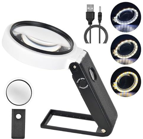 Bysameyee Loupes avec lumière et support, loupe lumineuse 10x 25x, grande loupe sur pied avec 32 lumières LED pour travail de près collection de timbres de pièces de monnaie