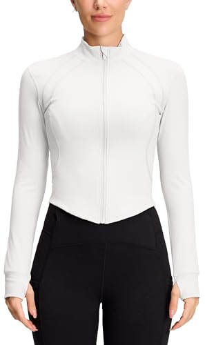 QUEENIEKE Damen Laufjacke Sportjacke Langarm Gym Tops Yoga Atmungsaktive Sportjacke Reißverschluss Trainingsjacke (Weiß, 38-40)