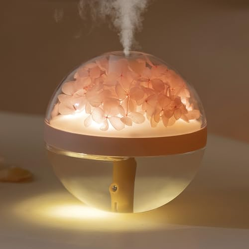 MARZIUS Preserved Flower Portable Humidifier,270ml Capacity,Rechargeable Essential Oil Diffuser with Night Light and Waterless Auto Shut-Off,for Office Room Bedroom Livingroom (Pink Hydrangea)