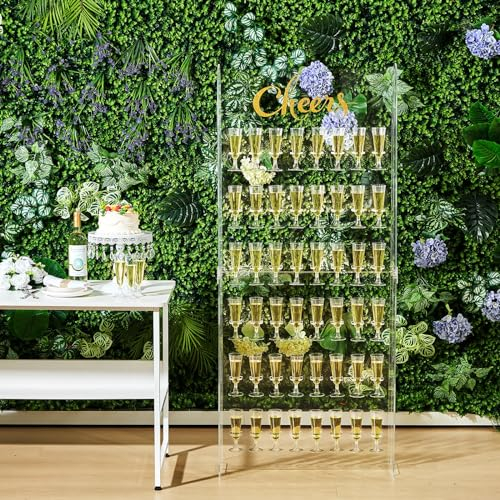 Ziliny 5 Ft Champagne Wall Display Stand - 6 Tier Acrylic Champagne Tower Holder with 50 Plastic Flute Glasses, Freestanding Mimosa Bar Stand for Wedding Birthday Bridal Shower Party Decorations