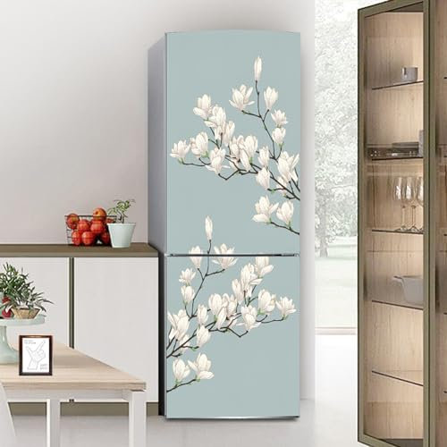 Fridge Wraps Kitchen Fridge Stickers Cover Full Doors, Fridge Sticker Full Covering Door Fridge Covers Skins Wall Stickers for Kitchen Decal, White Flower Magnolia