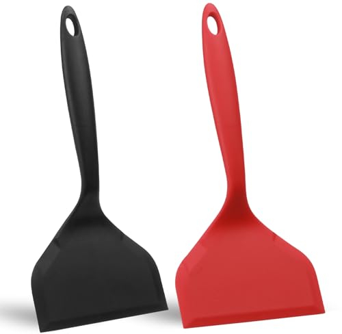 2 Pièces Spatule Silicone Cuisine Resistant a la Chaleur, 25.5x12cm Antiadhésifs Spatule en Silicone Flipper, Spatule à Omelette Pour la Cuisson Crêpes, Oeufs, Pizzas et Hamburgers (Rouge, Noir)