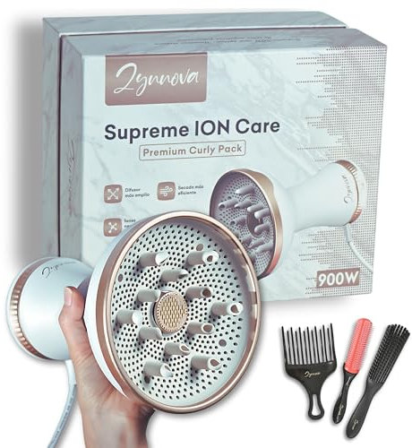 Zynnova Difusor Pelo Rizado, Secador Pelo Rizado Profesional 900W, PACK PREMIUM CURLY METHOD + 3 Peines/Bolsas de Viaje, 6 Modos de Secado, 12 Dedos con Apertura Omnidireccional, Supreme Ion Care Tech