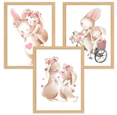 Zamety 3er Set Bilder Kinderzimmer, A4 Poster Kinderzimmer, Bilder Kinderzimmer Mädchen und Jungen, Babyzimmer Deko Wandposter, Hasen Bilder Babyzimmer, Ohne Bilderrahmen
