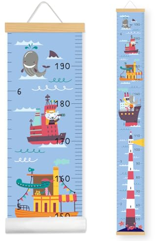 Messlatte Kinder-Wachstum Messlatte-Höhenlineal zum Aufhängen-Abnehmbare Leinwand mit Holzposterleiste - Kinderzimmer Deko und Geschenk zur Geburt(160cm x 20cm) (Blaues, Leuchtturm)