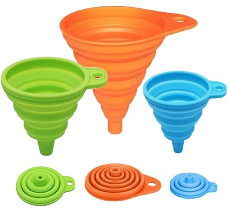 3-Pack Collapsible Silicone Funnels – Small Foldable Funnels in Rainbow Colors for Liquid & Oil Transfer, Bottle Filling, Kitchen Use, Easy Storage