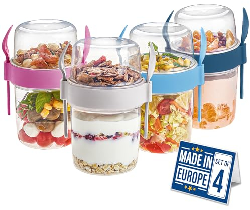 CRYSTALIA Take and Go Lot de 4 pots à yaourt sans BPA avec cuillère et fourchette, passent au lave-vaisselle, pour petit-déjeuner, muesli à emporter, salade de fruits avec couvercles, récipient à