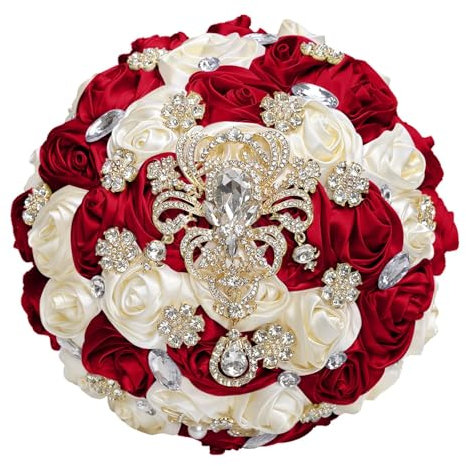HDKAH Bouquet da sposa per sposa, damigella d'onore, bouquet da sposa bianco puro con perle e nastro di perle rosa quinceanera bouquet da sposa per decorazione chiesa matrimonio (18 cm) (rosso vino +