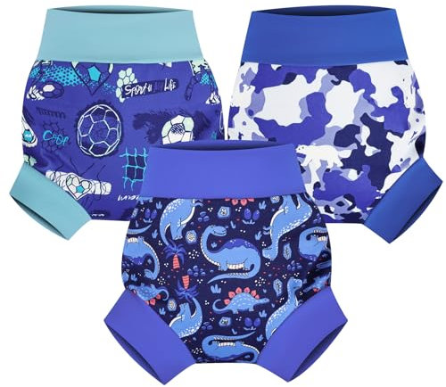 FLYISH DIRECT Couche de Bain bebe Lavables, Imperméable Couche de Piscine pour Enfant Réutilisable, 3 Paquets Anti-fuite Culotte de Bain Réutilisable pour Bébé, 2-3 ans, Bleu Marine