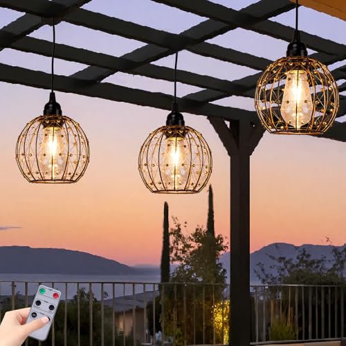 TWINKVILLA Hanging Pendant Lights, Battery Operated Outdoor Chandelier with Warm White LED Bulb for Patio Tree Pergola Gazebo Porch (Beaded Ball-ST58-3PK)