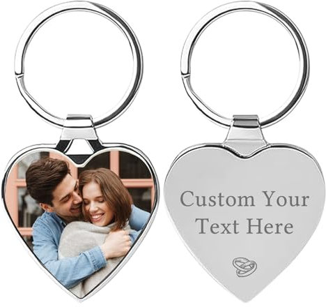 Personalised Photo Keyring with Custom Text, Double-Sided Color Picture Engraved Text Keyrings, Customised Keychain Gifts for Boyfriend Women (Heart)