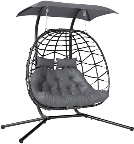 Outsunny Hängesessel mit Gestell faltbar Hängekorb mit Kissen Sonnenschutzdach Polyrattan Hängestuhl für 2 Personen Outdoor Hängeschaukel belastbar bis 260kg Sessel für Balkon Terrasse Dunkelgrau