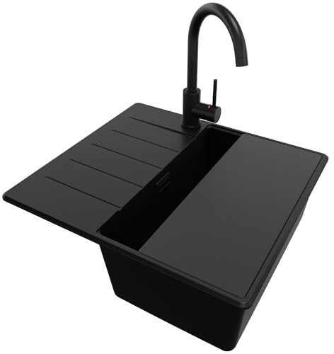 PRIMAGRAN Granitspüle ab 40er Unterschrank + Küchenarmatur, 55x50cm | Set: Küchenarmatur BW5010 + Ablauf-Set + Schneidebrett + Spülbecken 1 Becken - Kopenhagen Top, Alles Schwarz
