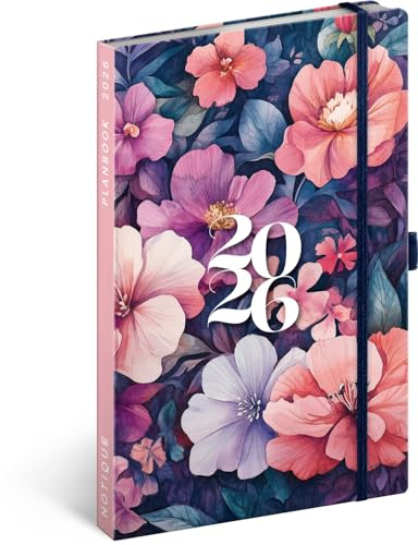 NOTIQUE Terminplaner 2026 ca. A5-2in1 Kalender & Notizbuch, Hardcover Wochenplaner mit Gummibandverschluss, 144 Seiten Terminkalender, Buchkalender, Planbook (Bouquet)