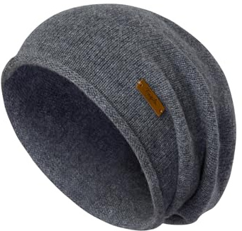 FUQILA Slouchy Beanie-Mütze aus 100% Merinowolle, warme Wintermütze, weich, atmungsaktiv und gemütlich, dehnbar, gestrickt, Totenkopfmütze, GRAU, Einheitsgröße