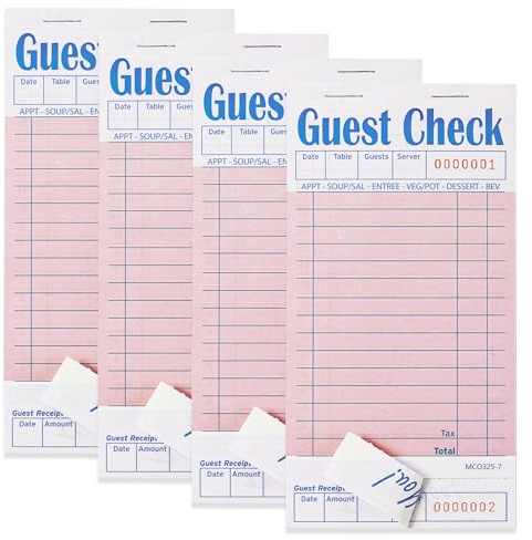 ZPARIK Paquete de 4 cuadernos de cheques de invitados rosas para servidores, bloc de notas de servidor, chequera de camarero, bloc de notas de camarera para restaurantes, cheques de papel, 50 hojas
