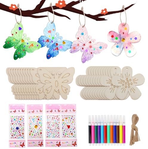 Hopton 64 Stück Bastelsets für Kinder, Bastelset Kinder, Basteln Kindergeburtstag,Schmetterling Blume Holzanhänger zum Bemalen mit Aquarellstift & Edelsteinaufkleber für DIY Basteln Mädchen Jungen