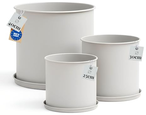 Livlig53 Blumentopf Set mit Untersetzer, Topf 25 cm Durchmesser & Übertopf 30 cm Durchmesser & Übertopf 40 cm Durchmesser, Pflanzkübel groß außen & innen, Made in Europa, Greige