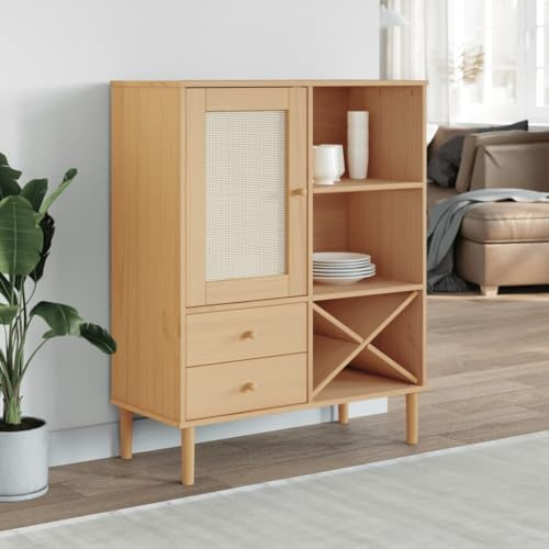 WRJENFSC Highboard SENJA 90x40x112 cm Kiefernholz UV-Lack Rattan-Optik Braunes Sideboard Wohnzimmer mit 2 Schubladen Stauraumregal für Flur Küche Schlafzimmer