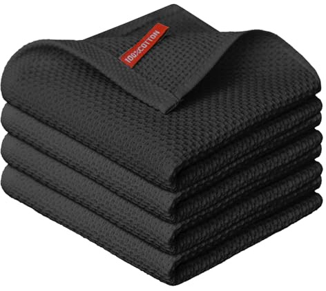 Artoid Mode Waffel Schwarz 100% Baumwolle Weiche Küchentücher Geschirrtücher, 4er Set 34x34 cm Waschbar Saugfähig Spüllappen Reinigung Küchen