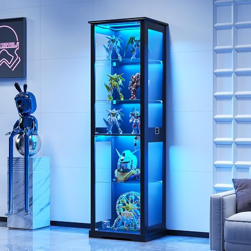 180cm Eckvitrine Vitrine mit LED Beleuchtung und Intelligente Sensorik | Glasvitrine mit Abschließbar Glastüren,Flexibler Schalter 5 Lagen für Schlafzimmer Büro,Studie,Schwarz