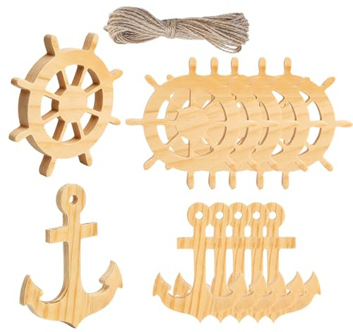 Fanngoo 12 Stück Unfertiger Kleiner Anker Ruder Ornament aus Holz mit 5m Seil Mini Ankerausschnitte aus Holz für Kunsthandwerk DIY Projekt Malerei Hochzeitsdekoration Maritime Party