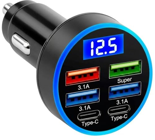 Car USB 6 in 1 Super Fast Charger, 66W Cigarette Lighter USB Charger with LED Voltmeter Dual Type C Socket Adapter Multi Charge for iPhone 17/16/15/14 Android Galaxy S25/S24 iPad Tablets Power Banks