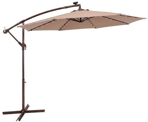 GOPLUS Sombrilla Terraza Exterior 3x3 m con 40 Luces LED Solares, Parasol Excentrico Inclinable con Pie y 8 Varillas, Resistente al Viento y GuardaSol(sin Base con LED, Marrón, 3 M)