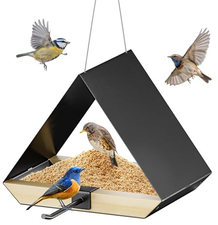 FANHAO Comedero para Pájaros con Tejado Metálico, Colgante Exterior, Malla Ventilada, Fácil Limpieza, Regalo Observación Aves y Decoración Jardín para Petirrojos, Carboneros y Aves Silvestres, Negro