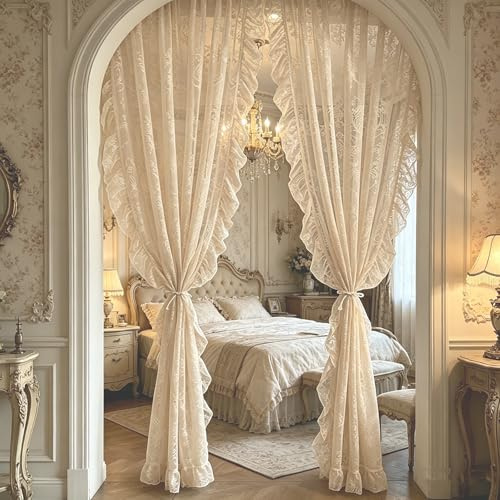 Fmorgen Französische Spitzenvorhang Durchlässig Spitzenvorhang 2 Stück Spitzengardinen Gardinen Vintage-Fensterbehandlung Ösenvorhang für Wohnzimmer Schlafzimmer, Beige-140x260CM
