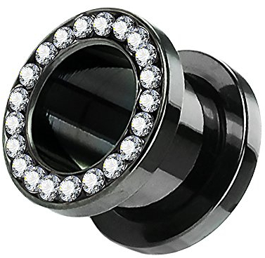 Piercingfaktor Flesh Tunnel Schraub Plug Ohr Piercing Edelstahl Titan mit Schraubverschluss Zirkonia Kristallen Steinen 10 mm Schwarz