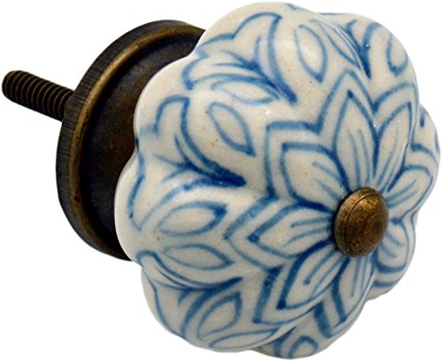Nicola Spring Ceramic Cupboard Drawer Handle Knob - Vintage Flower Design - Light Blue