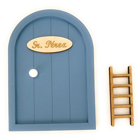 Ratoncito Pérez Puerta Madera Escalera + Felpudo + Ratoncito de Madera/Decoraciones de Pared con Adhesivo (Azul grisaceo)