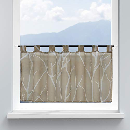 HongYa Scheibengardine Küche Voile Bistrogardine mit Schlaufen Transparente Gardine für Kleinfenster Äste Muster H/B 60/140 cm Sand