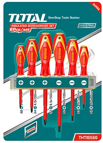 TOTAL - Set di 6 Cacciaviti | 3 a Testa Piatta e 3 a Testa Phillips | Manico Bimateriale | Certificato VDE | Cromo Vanadio