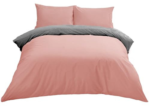 Lions Plain Dye Bedding, Single Duvet Cover Set with Pillowcase, 2 Piece Ultra Soft Reversible Quilt Covers, Microfiber Premium Quality, 137x200cm, Blush Pink Grey