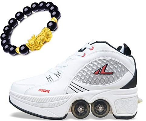 HUOQILIN Deformation Schuhe Kinder Studenten Rollschuhe Quad Skateboard Schuhe Skaten Outdoor-Sport Rollschuhe Faul Reisemodus,White-EU39.5