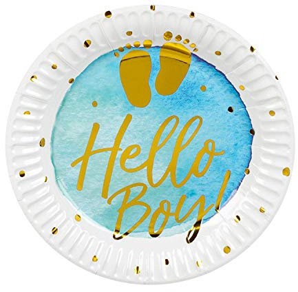 Boland 53235 - Pappteller Hello Boy, 6 Stück, Durchmesser 18 cm, Baby-Party, Geburt, Junge, Bub, Teller, Einweggeschirr