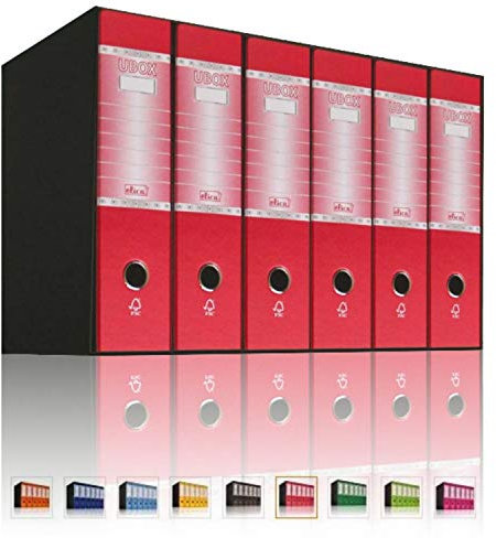 LogicaShop UBOX 6 Raccoglitori ad Anelli A4 Dorso 8 con Custodia Cartone, Formato Protocollo, Registratore con Meccanismo a Leva D, Raccoglitore con Scatola, Faldone Universale (Rosso)