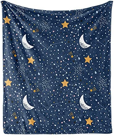 ABAKUHAUS Nachthimmel Weiche Kuscheldecke Sofadecke, Doodle Stil-Mond-Stern, Gemütlicher Plüsch für den Innen- und Außenbereich, 125 x 175 cm, Night Blue Marigold
