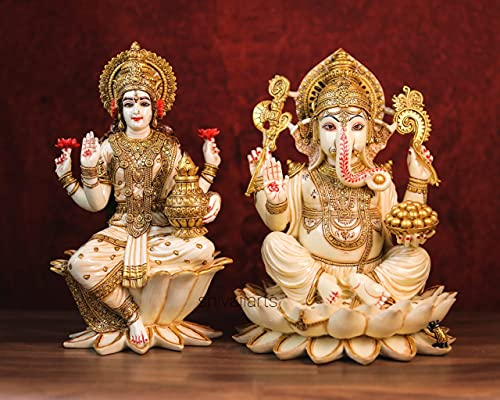 SHIVAJI ARTS Lakshmi Ganesha Statue, 31 cm, groß, handbemalt, Staubmarmor, Ganesha Lakshmi Idols, Laxmi Ganesha Murti, Hindu-Götter, Statue für Diwali Puja.