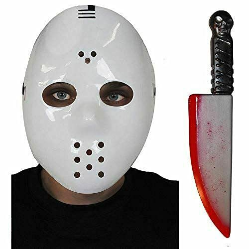 RARAA® Jason Voorhees weiße Hockeymaske mit blutigem Messer ~ Freitag der 13. Halloween Horror Karneval Cosplay Party Verkleidung