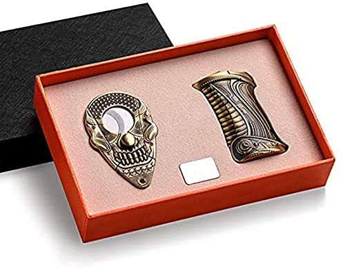HB1 High-End Zigarrenanzünder Cutter Set Nachfüllbar Gas Butan Gerade Winddichtes Feuerzeug Exquisite Geprägte Schädel Stanless Stahl Zigarrenschneider Geschenkbox,Gold