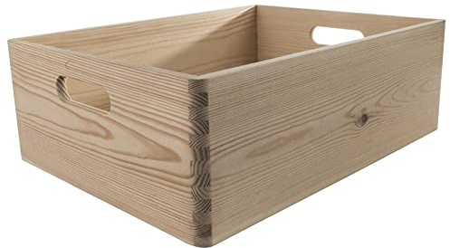WooDeeDoo Medium Duty Large Wooden Storage Crate With Handles – 40 x 30 x 14 cm Stackable 12L Wood Box for Toys Crafts Linen Underbed Use – Unfinished Decorative Pine Container